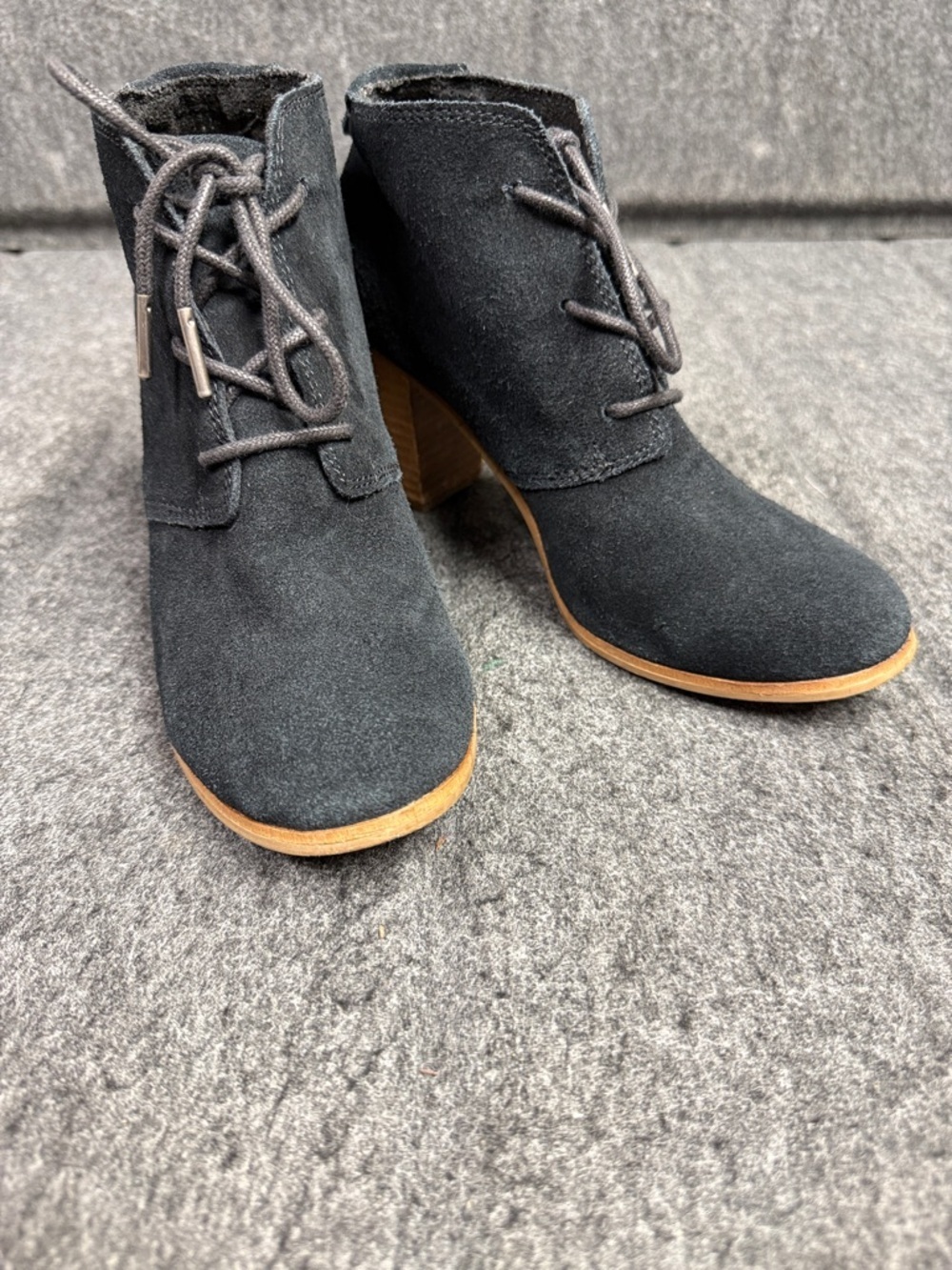 Toms Black Suede Lace-Up Ankle Booties with Stacked Wood Heel